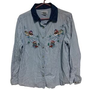 Cabin Creek Vintage Women’s Pinstripe Embroidered Snowman Winter Button Up LP